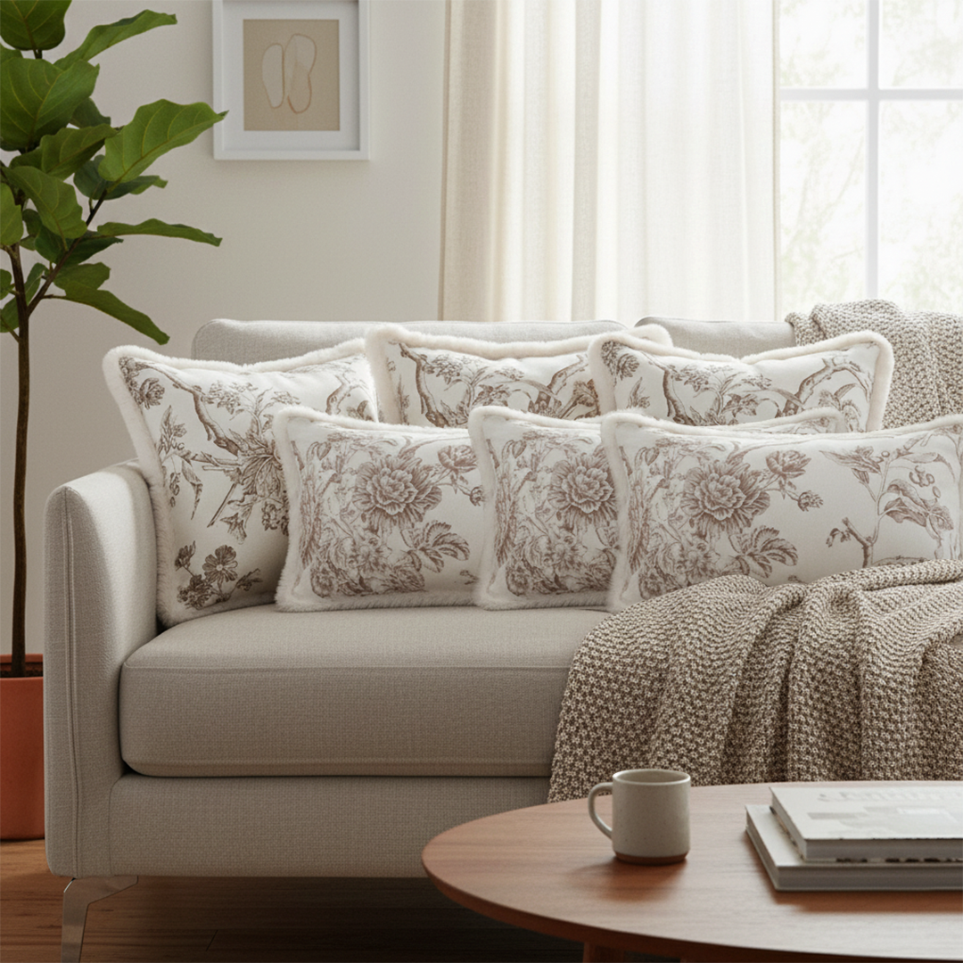 SOGA 6PC Pillow Set – 4x 45cm Vintage Fur & 2x 30x50cm Taupe Floral Covers