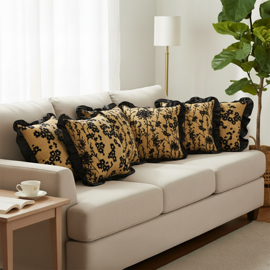 SOGA 6PC 45cm Black & Mustard Gold Velvet Pillow Set – Floral & Ruffle
