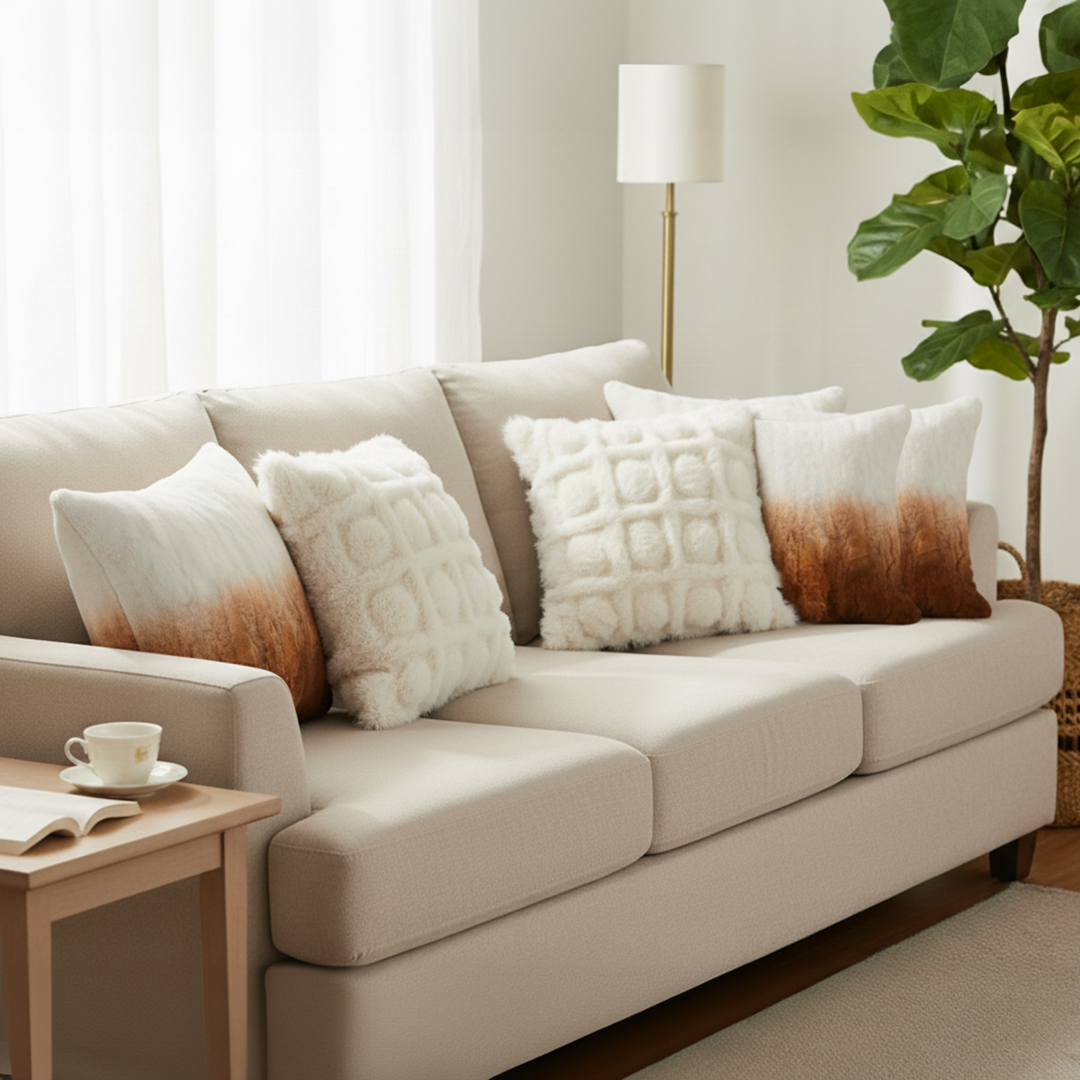 SOGA 6PC Luxury Pillow Set –2 Gradient Faux Fur & 4 Cream Pom-Pom Grid Cove