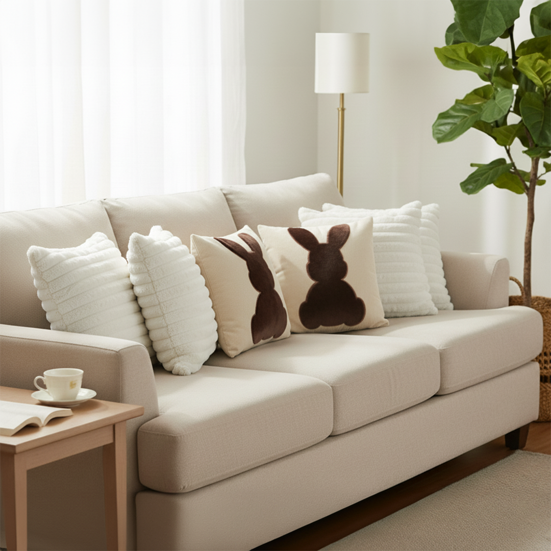 SOGA 6PC 45cm Pillow Set – 2 Brown Bunny Silhouette & 4 Elegant White Textu