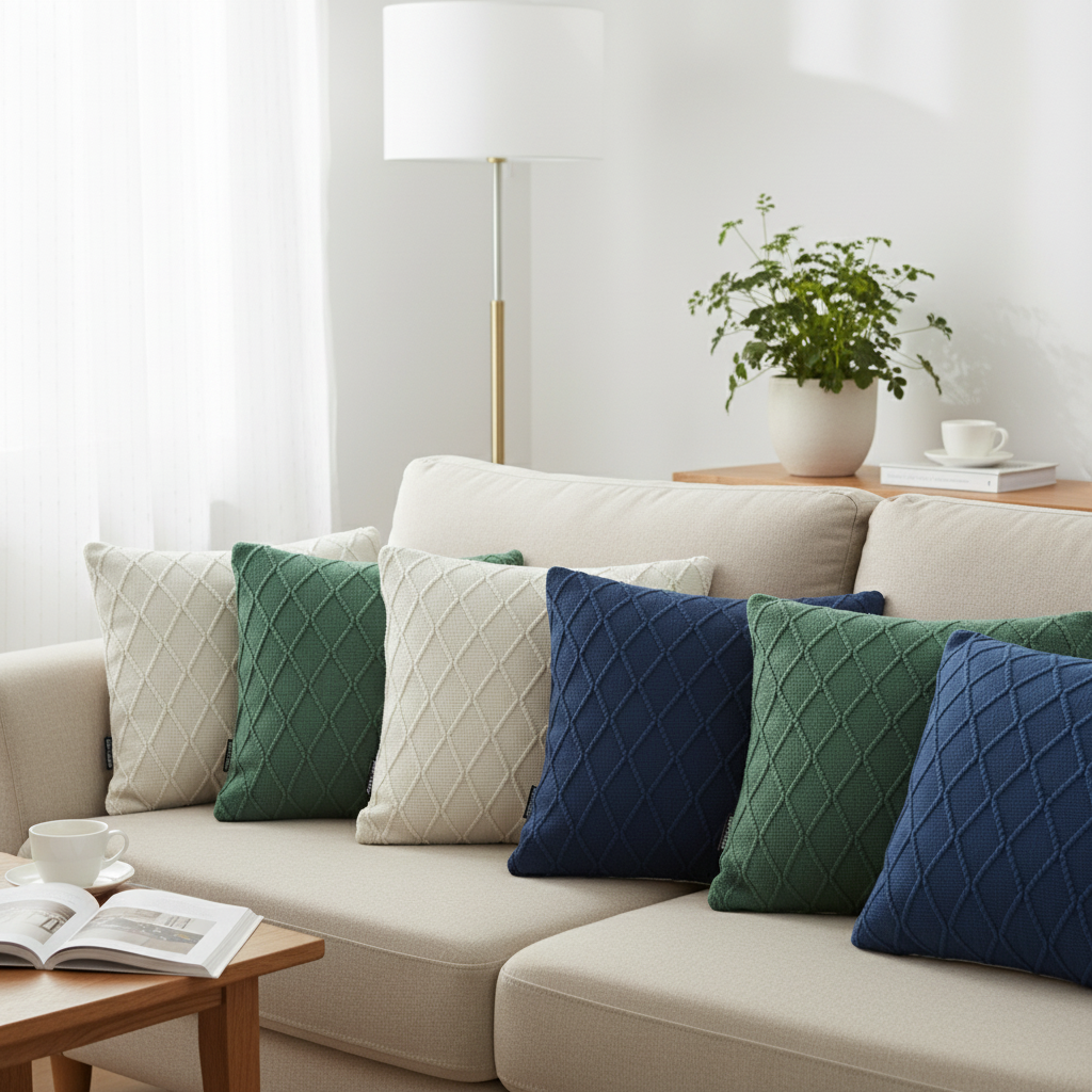 SOGA 6PC Pillow Covers Set – Forest Green,Navy Blue & Cream Cable Knit Diam