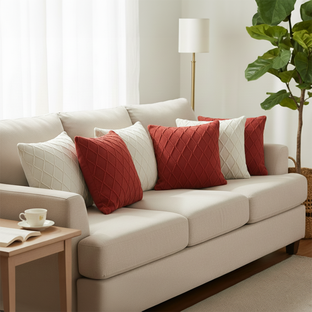 SOGA 6PC Pillow Cover Set –3 Classic Red Diamond Knit & 3 Cream Cable Knit 