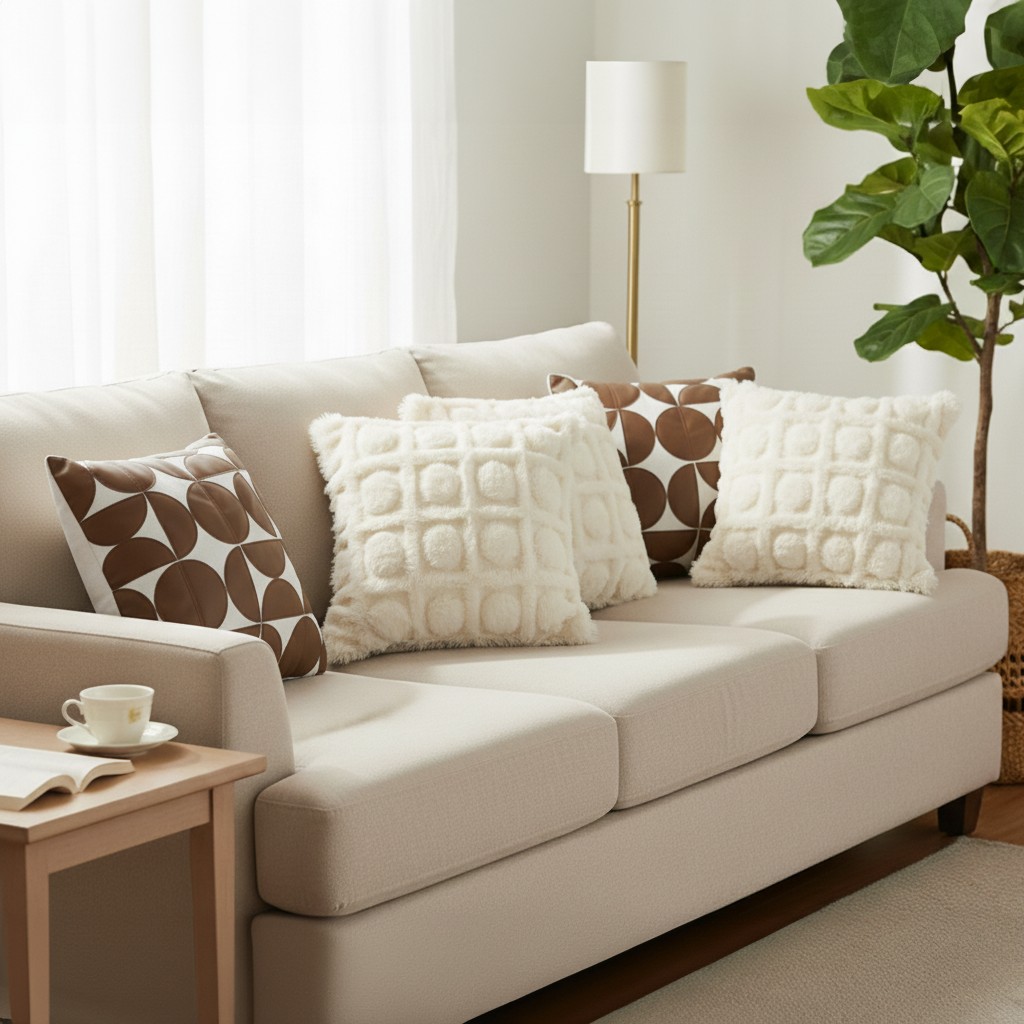 SOGA 5PC Retro Geometric Circle & Cream Pom-Pom Grid Pillow Covers for Sofa