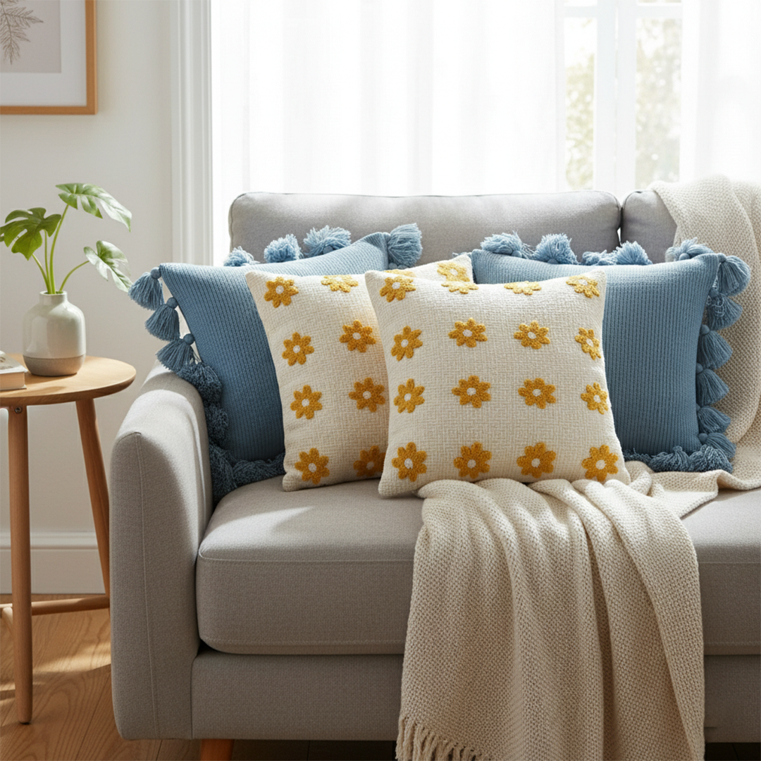 SOGA 5PC Sky Blue Textured & Retro Daisy Chain Pillow Covers with Pom-Poms