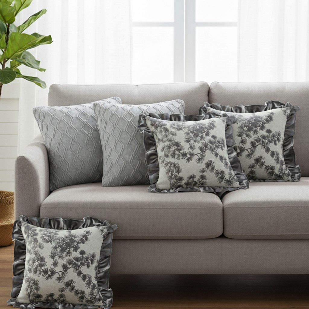 SOGA 5PC Gray Floral Ruffle& Diamond Knit Pillow Covers for Cozy Home Décor