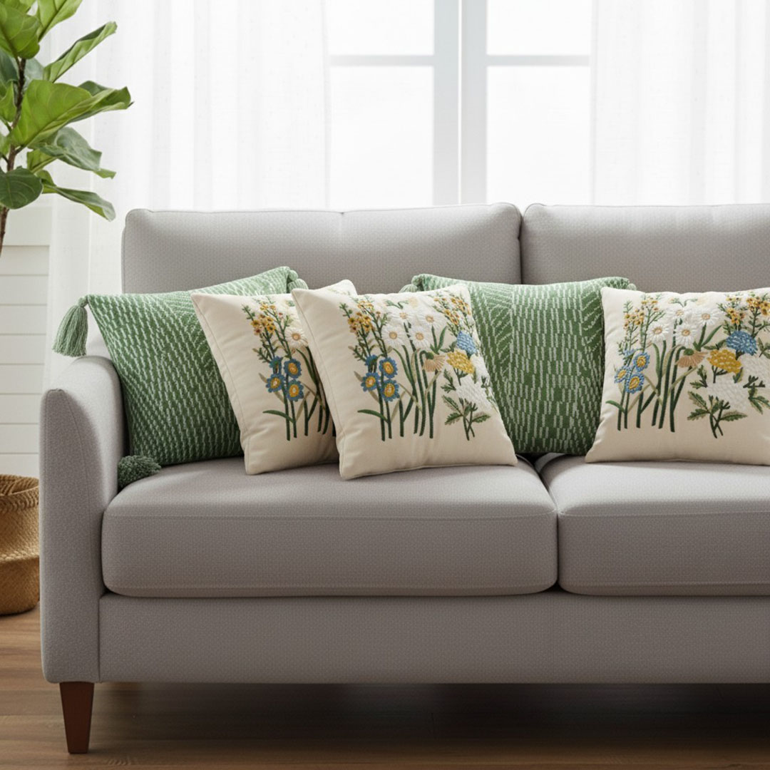 SOGA 5PC Sage Green Chevron Tassel & Botanical Garden Pillow Covers