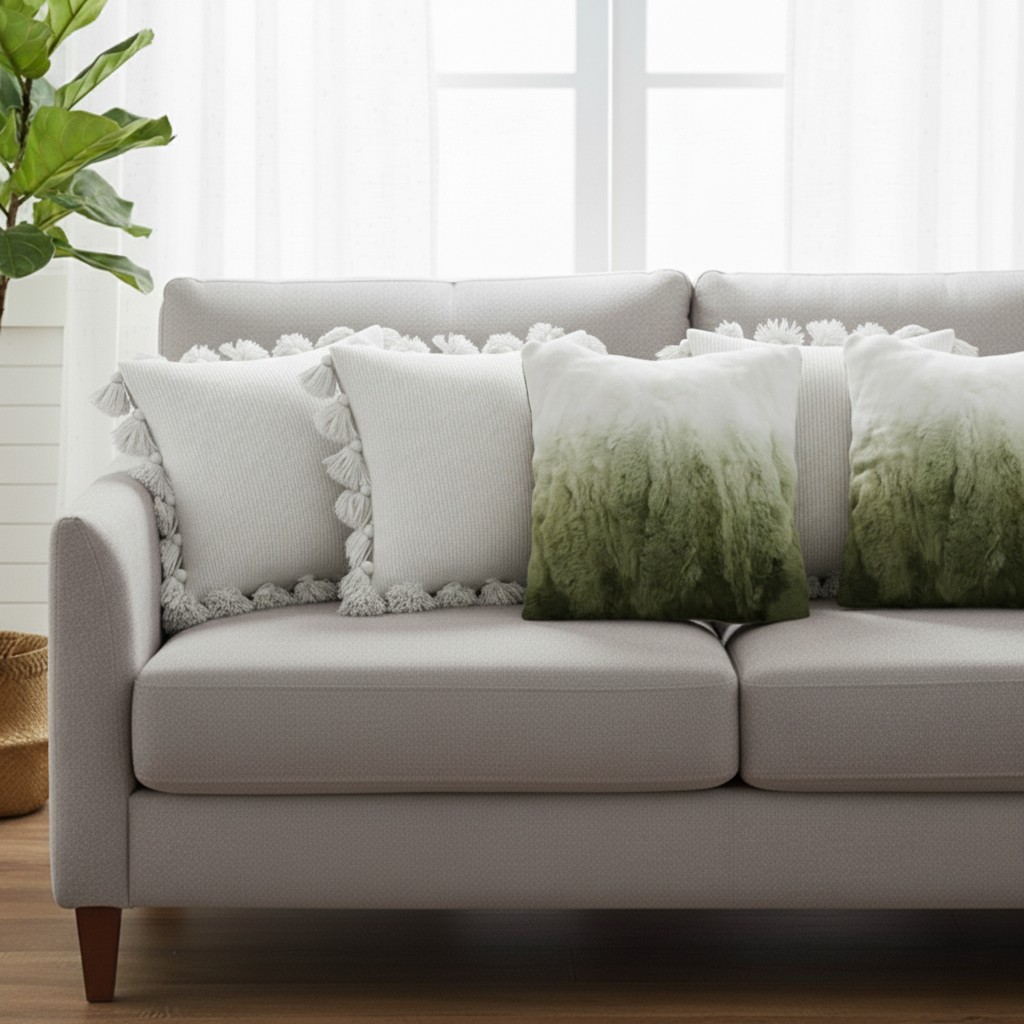 SOGA 5PC 3x White Textured Pom-Pom & 2x Ombre Faux Fur Pillow Covers