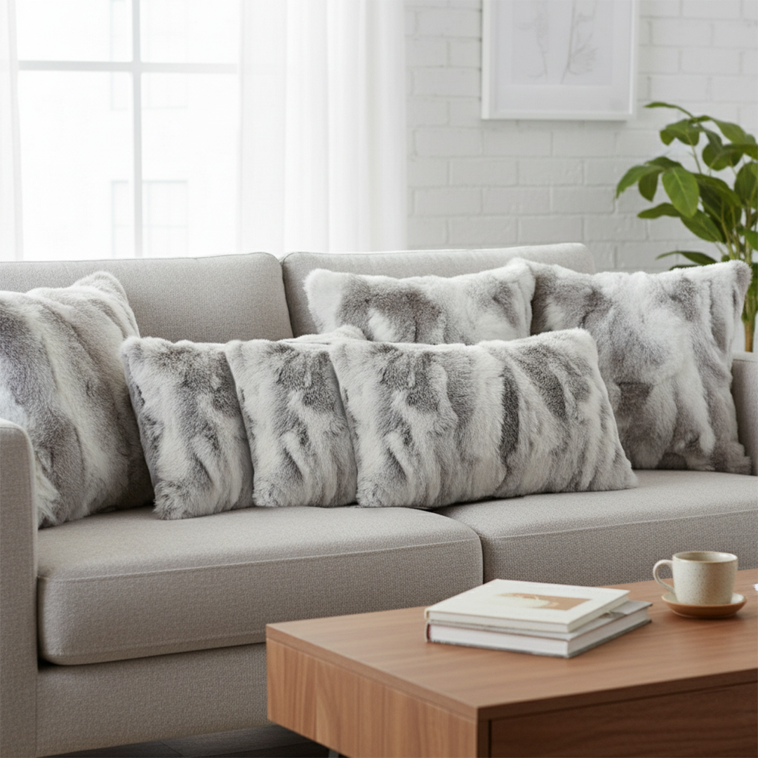 SOGA 6PC Luxury Faux Fur Pillow Set – 4x 45cm White, 2x 30x50cm Gray/White