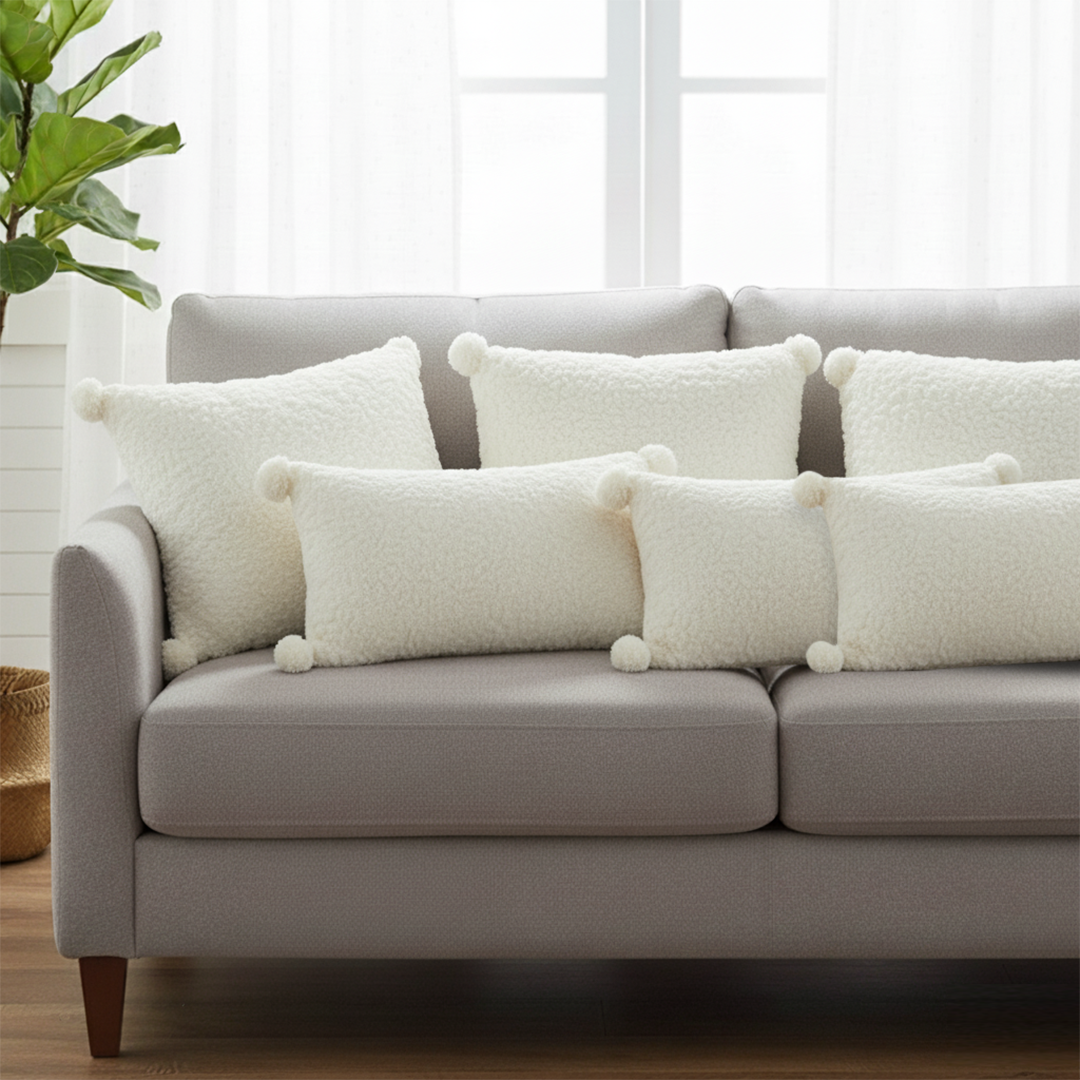 SOGA 6-Piece White Bouclé Pillow Covers + Ivory Sherpa Lumbar Set