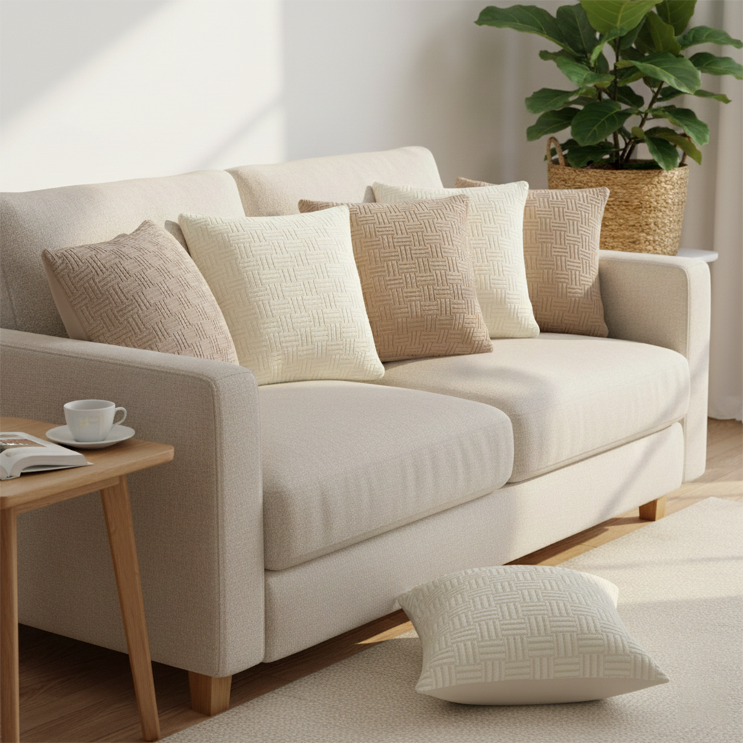 SOGA 6PC Pillow Set – Taupe Beige Grid Knit & Pure White Decorative Covers 
