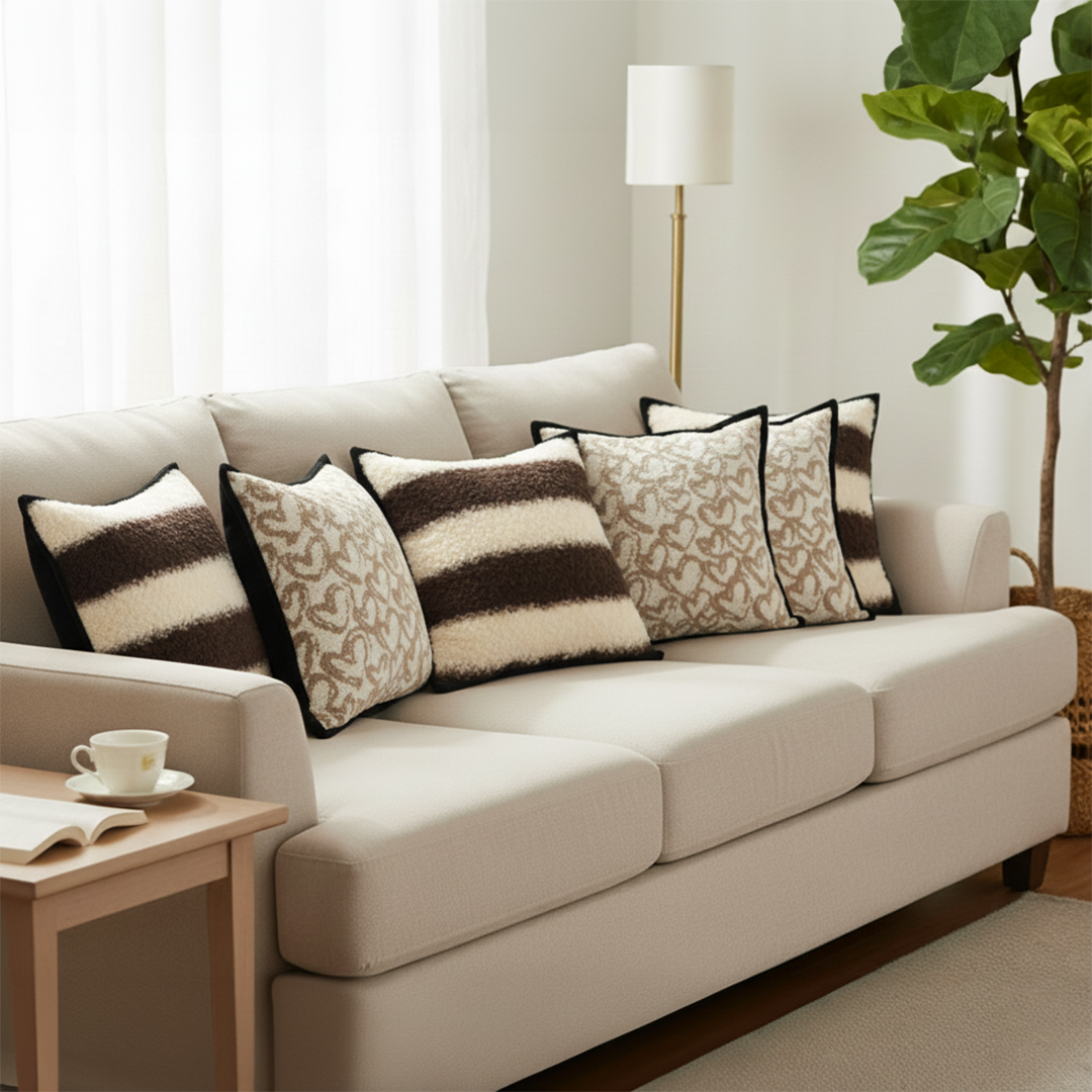 SOGA 6PC Pillow Set –3 Off-White Heart & 3 Brown Cream Striped Bouclé Cover