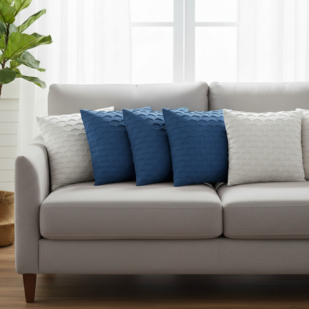 SOGA 6PC 45cm Scalloped Wave Pillow Set – 3 Navy Blue & 3 Pure White Covers