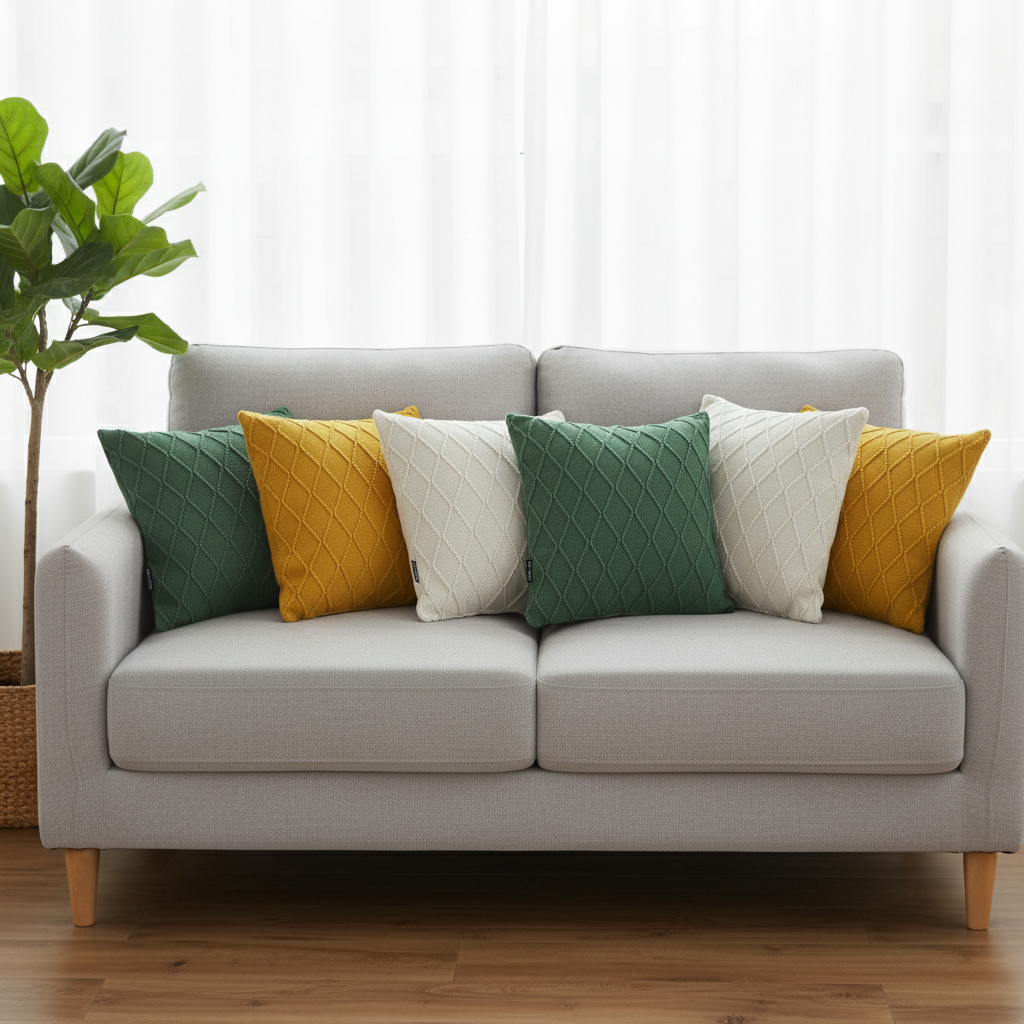 SOGA 6PC Pillow Covers Set –Sunshine Yellow, Forest Green & Cream Knit 
