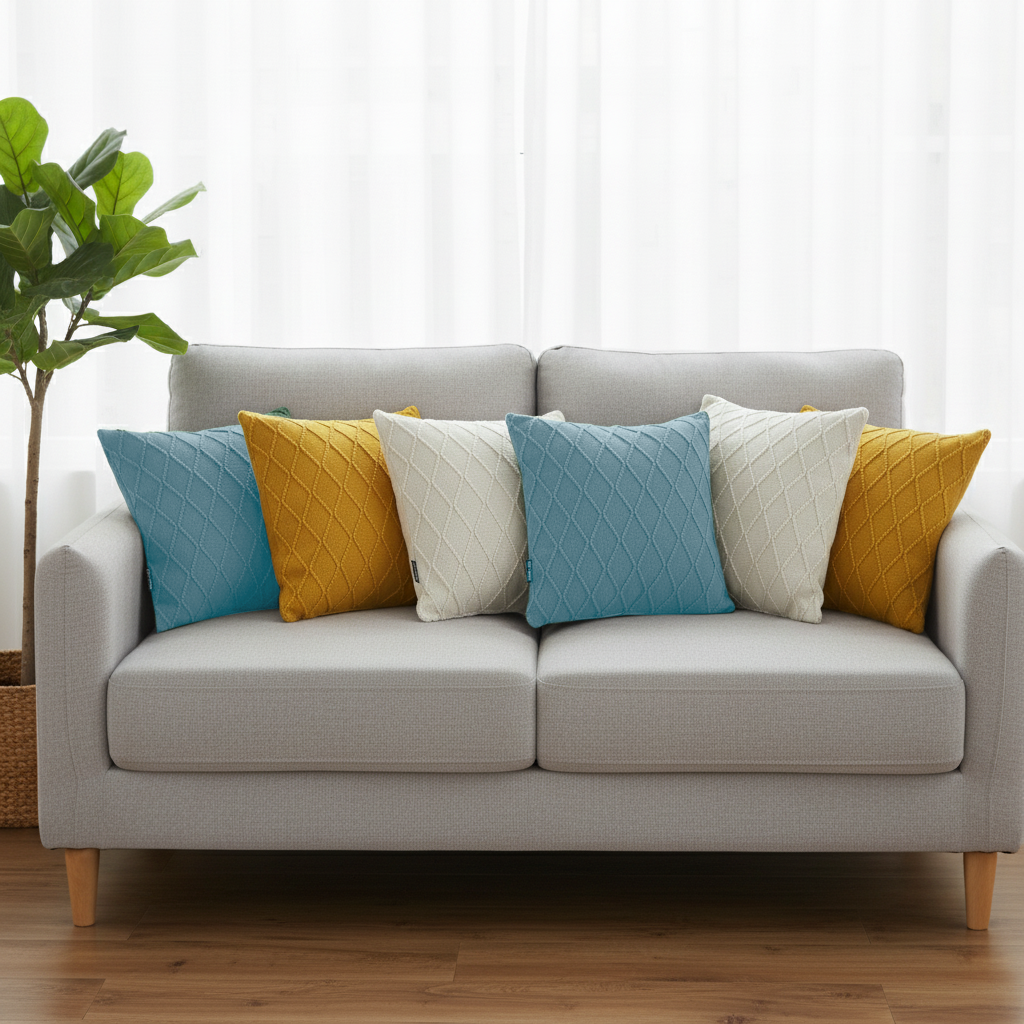 SOGA 6PC Pillow Covers Set –Sunshine Yellow, Sky Blue & Cream Cable Knit Di