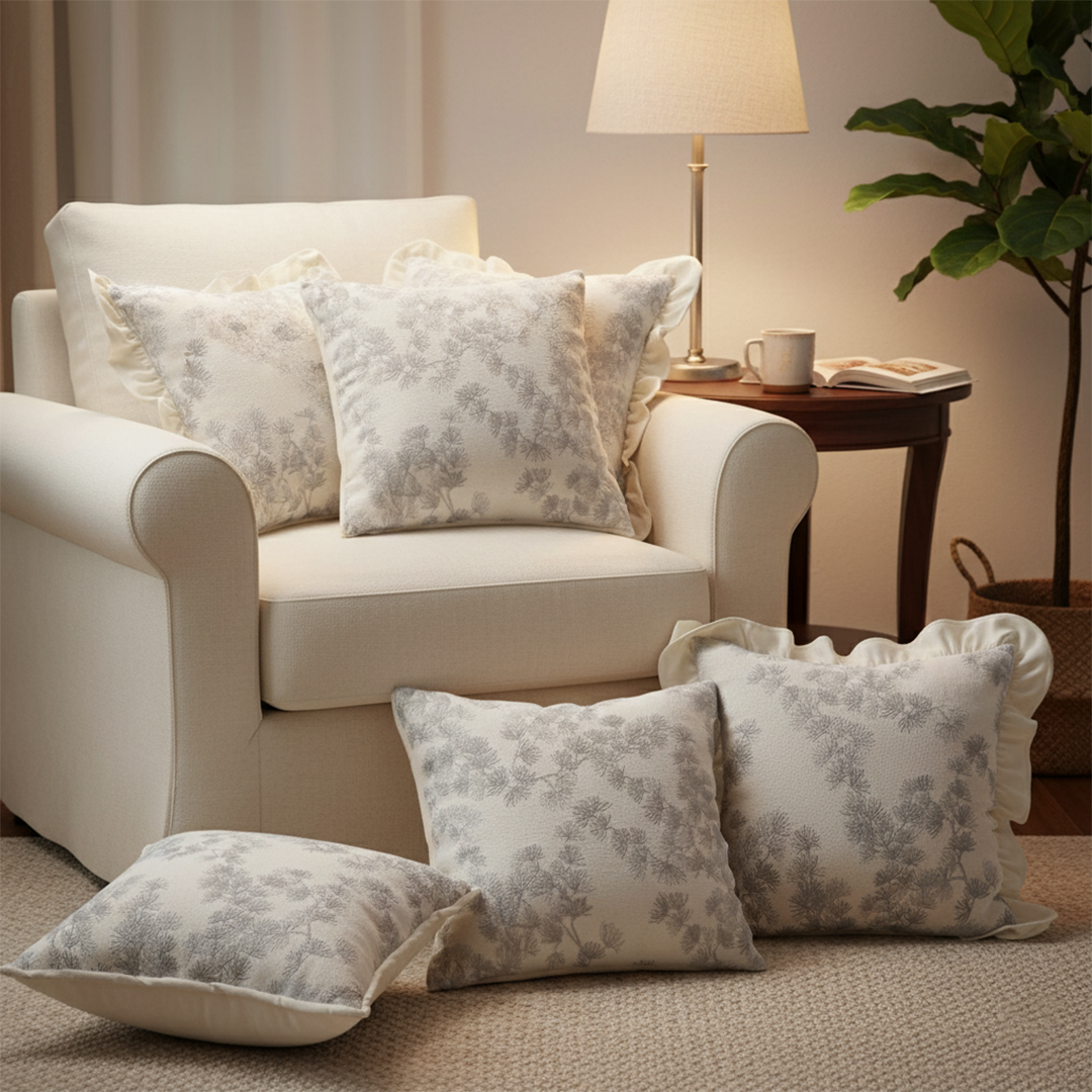 SOGA 6PC 45cm Pillow Set – 3 White Ruffle & 3 Gray Floral Covers for sofa 