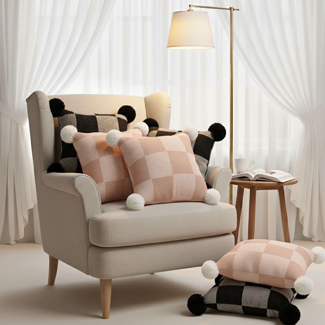 SOGA 6PC Pillow Set Modern Black & Gray Gingham Pom Pom & Checkerboard Knit