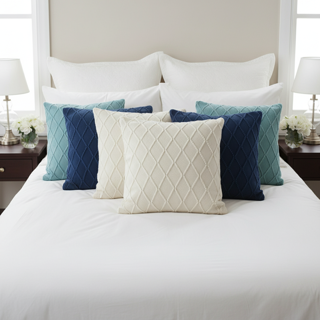 SOGA 6PC Set – Cream Cable Knit, Navy Blue & Sky Blue Diamond Pillow Covers
