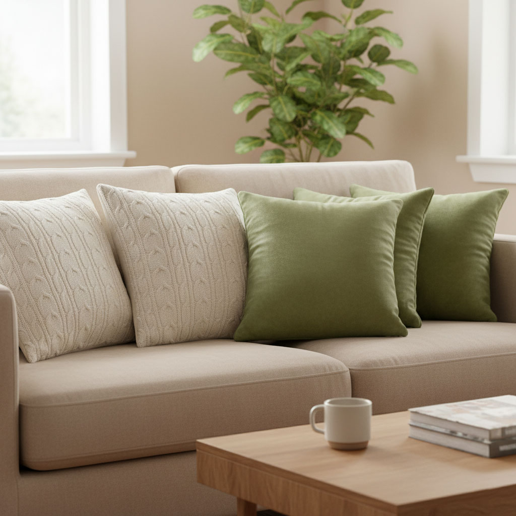 SOGA 5PC Sage Green Velvet & Cream Cable Knit Pillow Covers for Sofa Décor