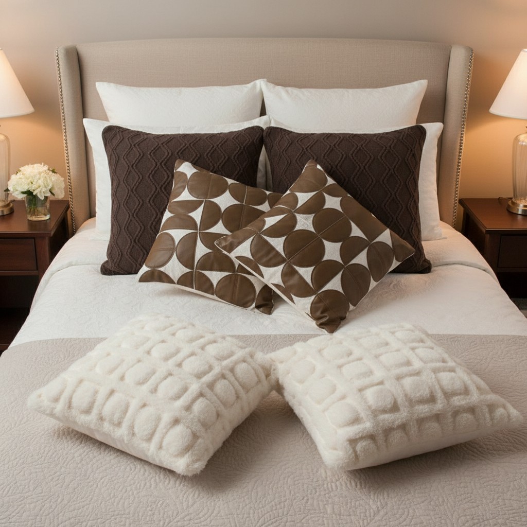 SOGA 6PC Chocolate Brown Knit, Cream Pom-Pom & Retro Geometric Pillow Cover