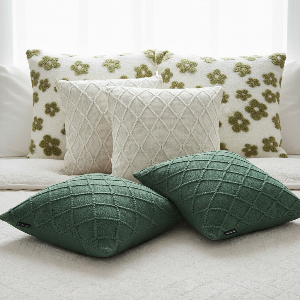 SOGA 6PC Garden Bloom Forest Green Diamond & Cream Cable Knit Pillow Covers