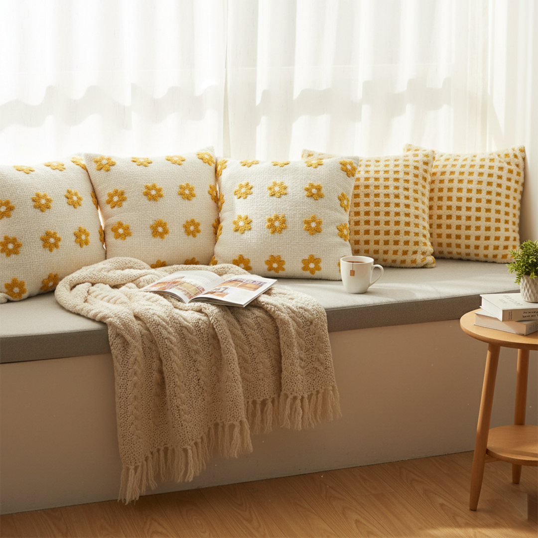 SOGA 5PC Sunshine Polka Dot & Retro Daisy Chain Pillow Covers for Home