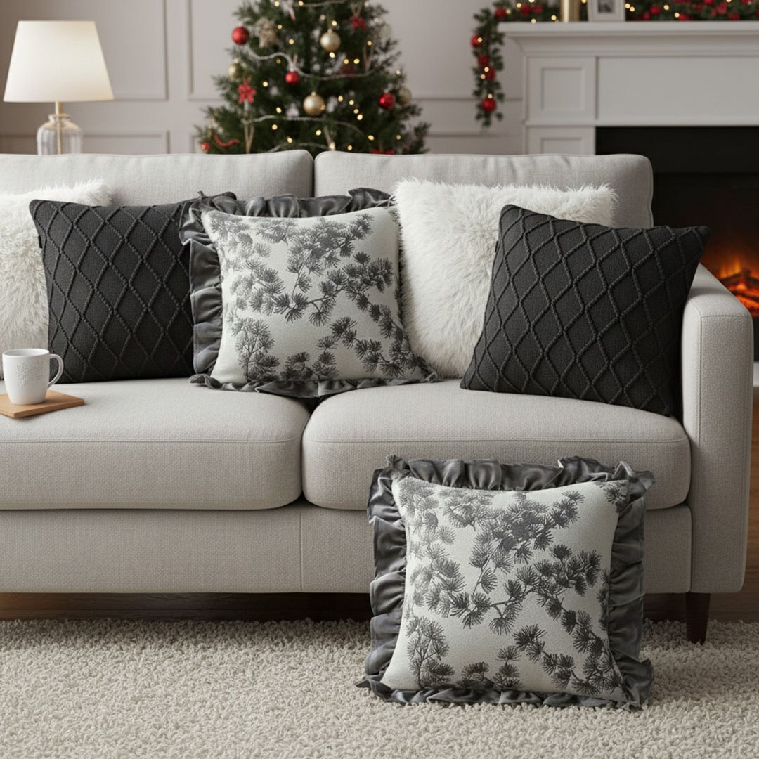 SOGA 6PC White & Gray Textured, Floral Ruffle & Diamond Knit Pillow Covers