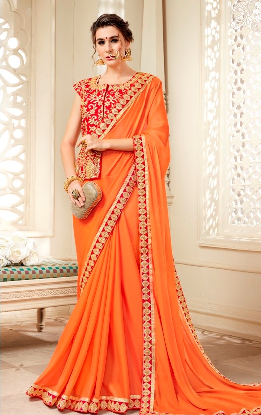 plain orange saree with designer blouse