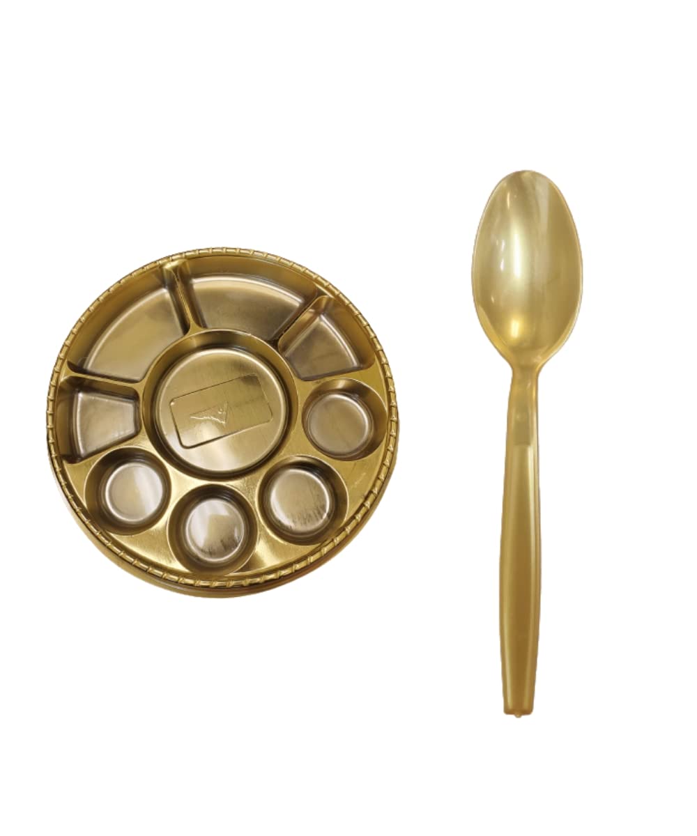 9 Compartment Disposable Gold Plates - Indian Thali Plastic Tray - 100 w/ Spoon 9 Compartment Disposable Gold Plates - Indian Thali Plastic Tray - 100 w/ Spoon