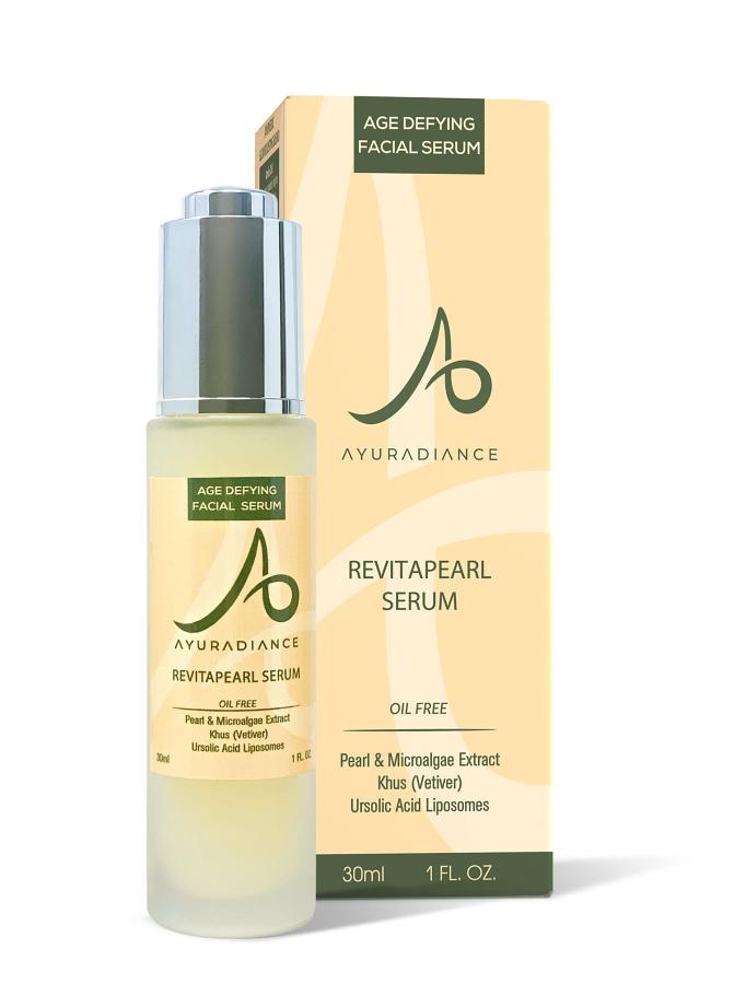 RevitaPearl Age Defying Facial Serum w/ Pearl & Microalgae Extract, Vetiver, Ursolic Acid Liposomes, & Sacha Inchi - Ayuradiance Skin Care