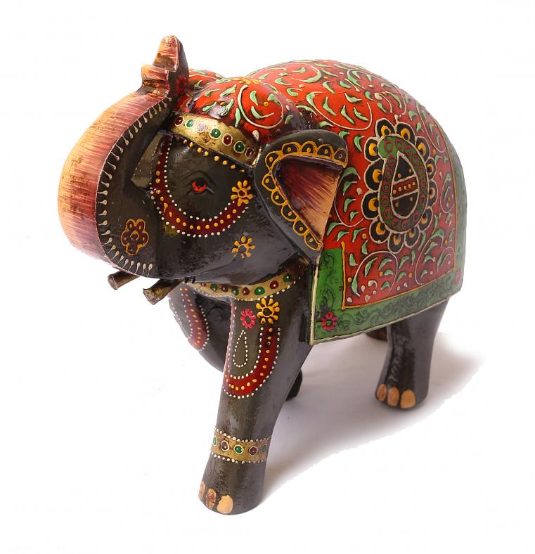 Artistic Intricate Design Handmade Jaipuri Wooden Elephant Large 9"