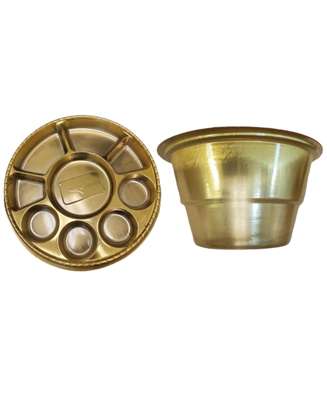 9 Compartment Disposable Gold Plates - Indian Thali Plastic Tray - 200 w/ Bowl 9 Compartment Disposable Gold Plates - Indian Thali Plastic Tray - 200 w/ Bowl
