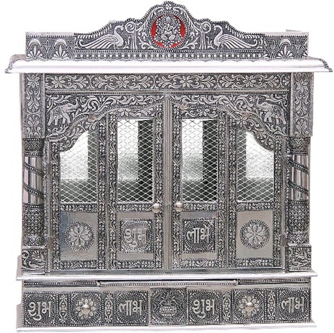 Intricately Carved Oxidized Puja Mandir w/ Doors for Home 24" x 9"
