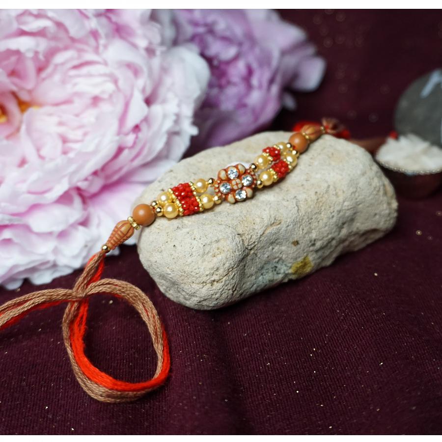 Adorable Wooden Design RAKHI W/ Pearls and Diamonds + Roli & Chaval Adorable Wooden Design RAKHI W/ Pearls and Diamonds + Roli & Chaval