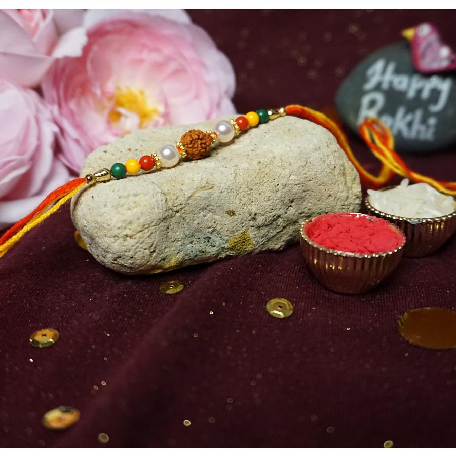 Traditional RAKHI Crafted W/ Rudraksha and Colorful Beads + Roli & Chaval 