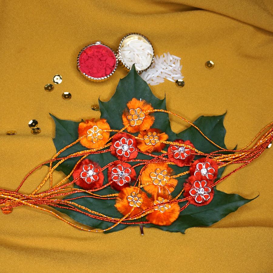 Blossom Zardosi Rakhi W/ Elegant thread work + Roli & Chaval