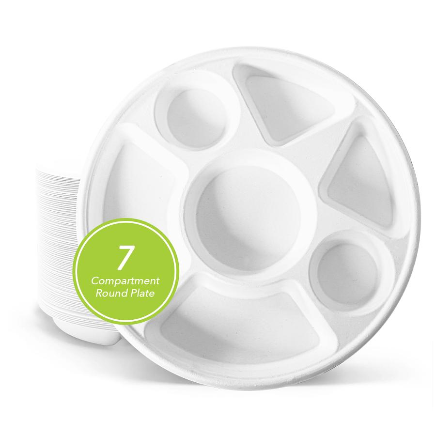 Three Leaf 7 Compartment Bagasse Round Plate, 200 Ct. (4 Packs Of 50)