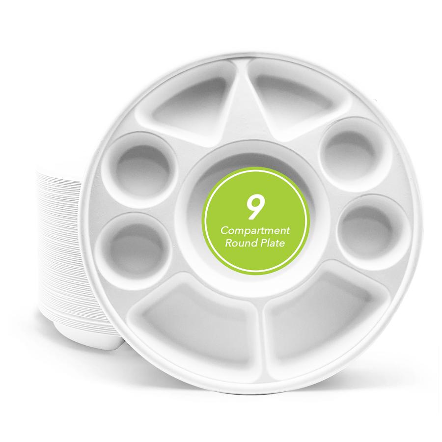 Three Leaf 200 Pcs Biodegradable 9 Compartment Bagasse Round Plate Thali