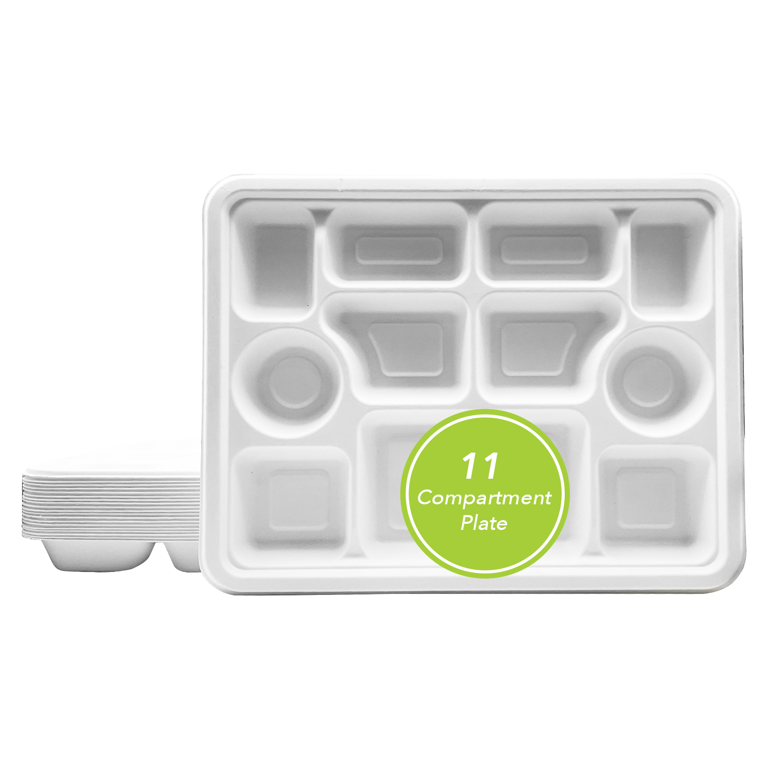 Three Leaf 11 Compartment Bagasse Rectangular Plate, 200 Ct. (8 Packs Of 25) Three Leaf 11 Compartment Bagasse Rectangular Plate, 200 Ct. (8 Packs Of 25)