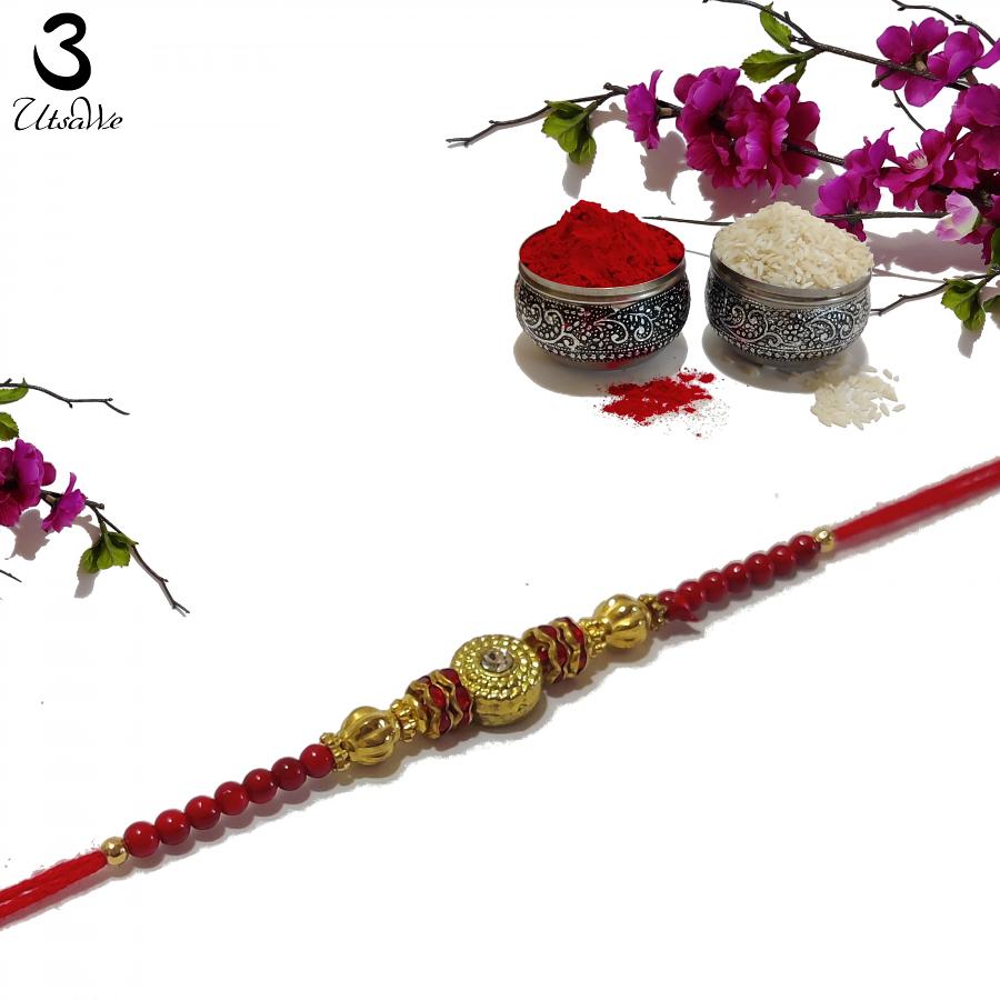 Traditional RAKHI for Brother Embellished w/ Stones & Beads + Roli & Chawal Traditional RAKHI for Brother Embellished w/ Stones & Beads + Roli & Chawal