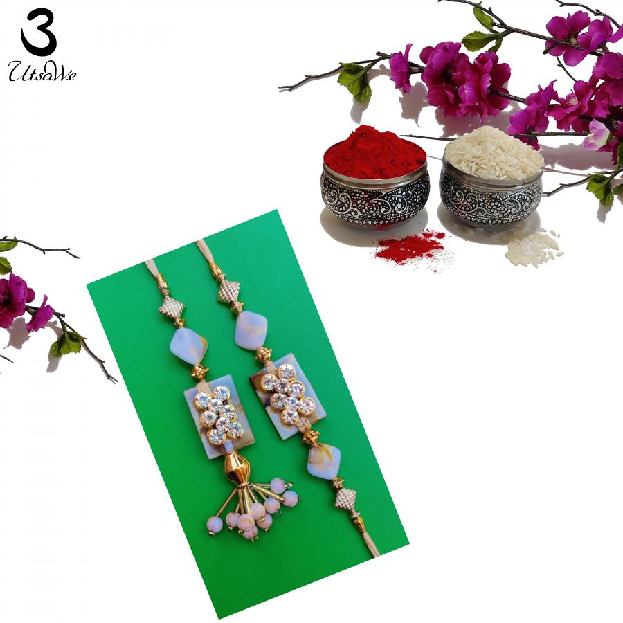 Supreme Lumba Bhaiya Bhabhi Kundan Rakhi W/ Polished Stone+ Roli & Chaval