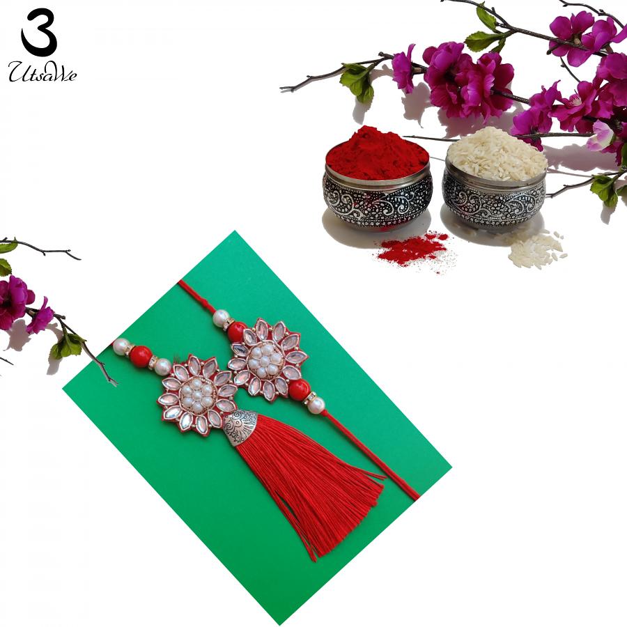 Resham & Zardozi Bhaiya Bhabhi Rakhi W/ White & Red Pearls + Roli & Chaval