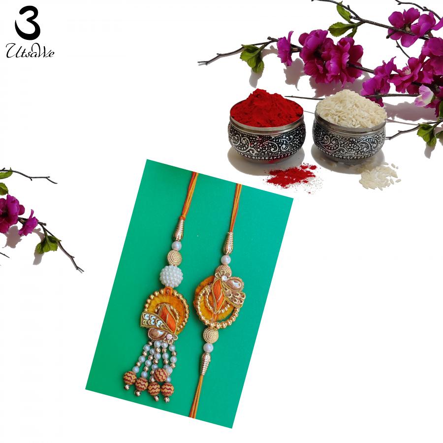 Designer Lumba Bhaiya Bhabhi Rakhi w/ Orange Thread work + Roli & Chaval