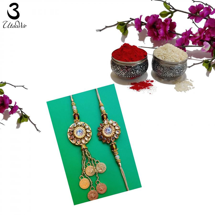 Bhaiya Bhabhi Kundan Rakhi w/ Beautiful Ginis at Bottom + Roli & Chaval
