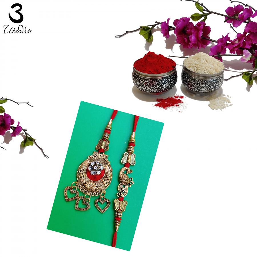 Endeavoring Golden Bhaiya Bhabhi Rakhi w/ Metal Work + Roli & Chaval