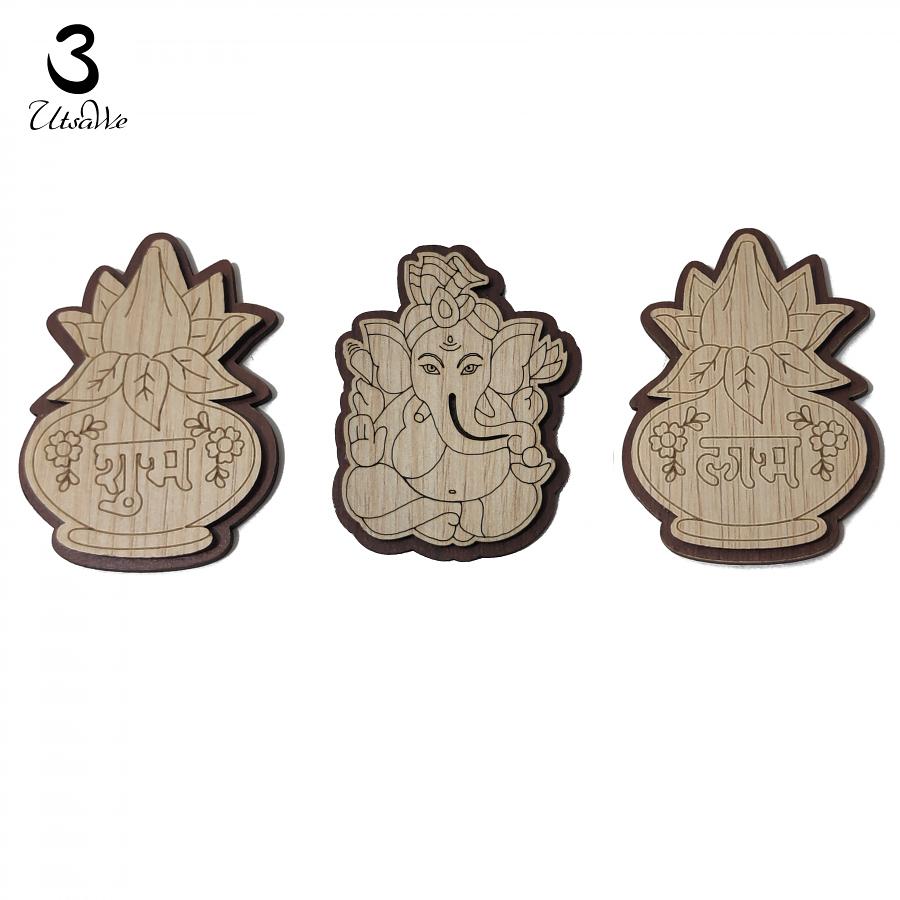 Unique Wooden Carved Subh Labh on Kalash and Ganesh ji Stickers