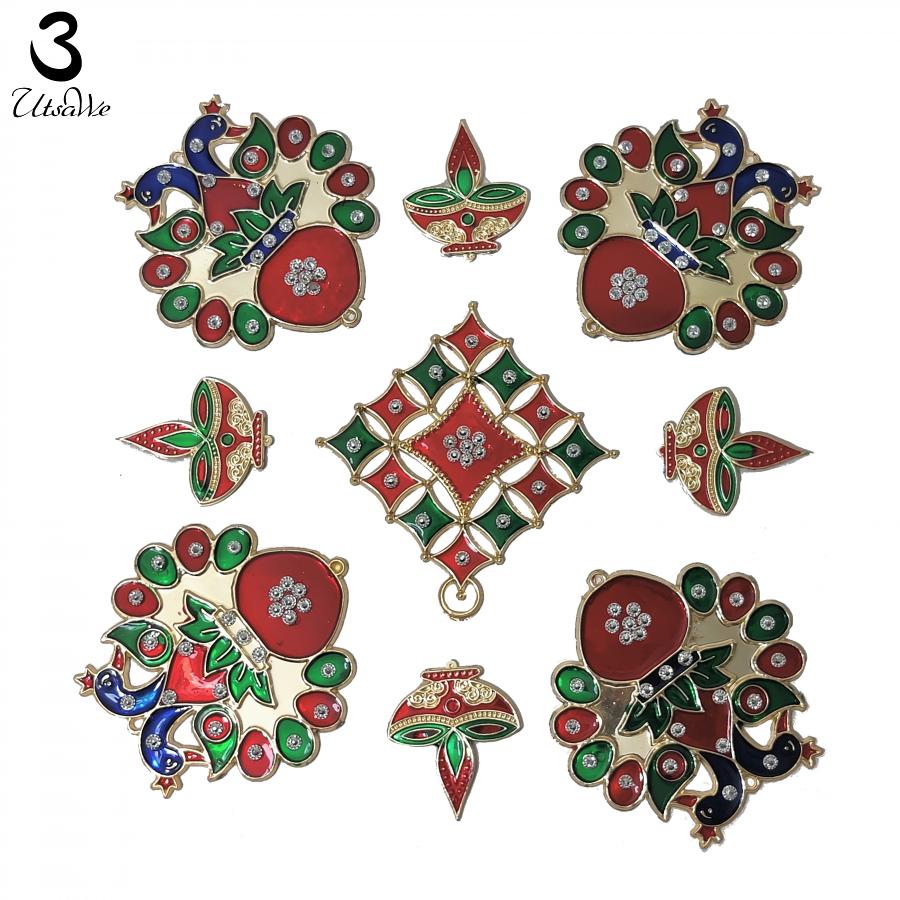 Meenakari Peacock Rangoli Set of 9 Pieces For Floor Decoration Meenakari Peacock Rangoli Set of 9 Pieces For Floor Decoration