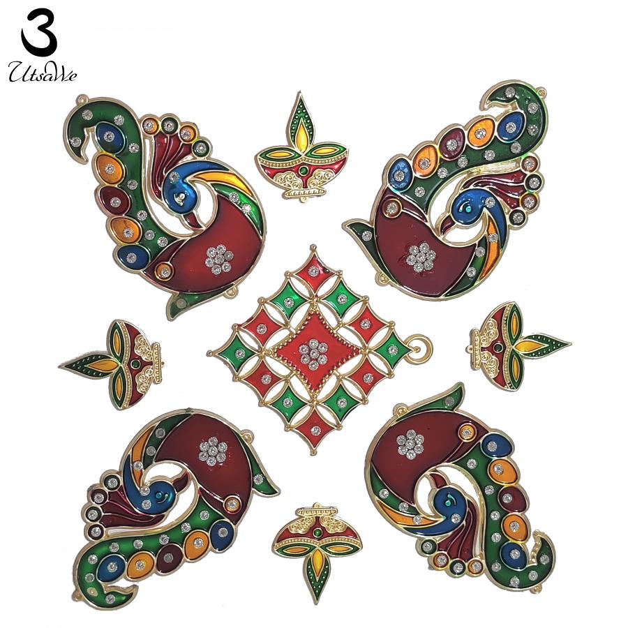 Meenakari Peacock & Diya Rangoli Set of 9 Pieces For Floor Decoration Meenakari Peacock & Diya Rangoli Set of 9 Pieces For Floor Decoration