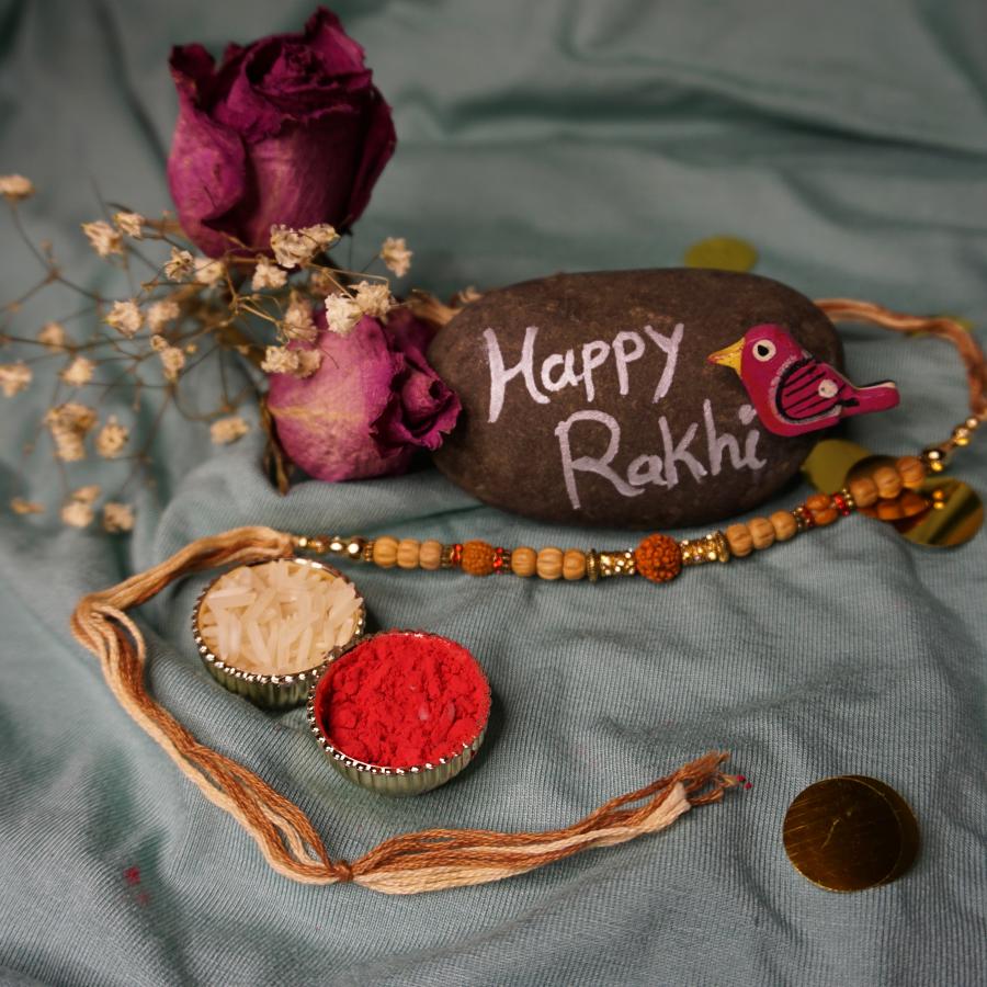 Traditional RAKHI Crafted W/ Rudraksha and Wooden Beads + Roli & Chaval 