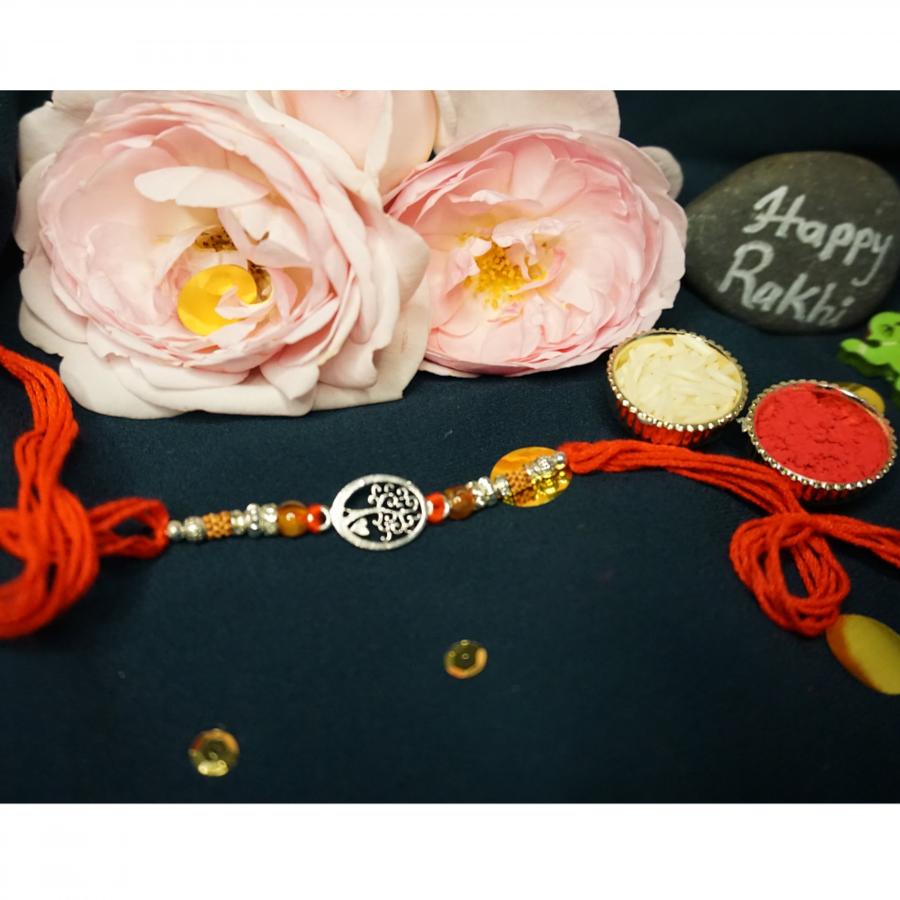 Beautiful Silver Wishing Tree Rakhi W/ Beads + Roli & Chaval