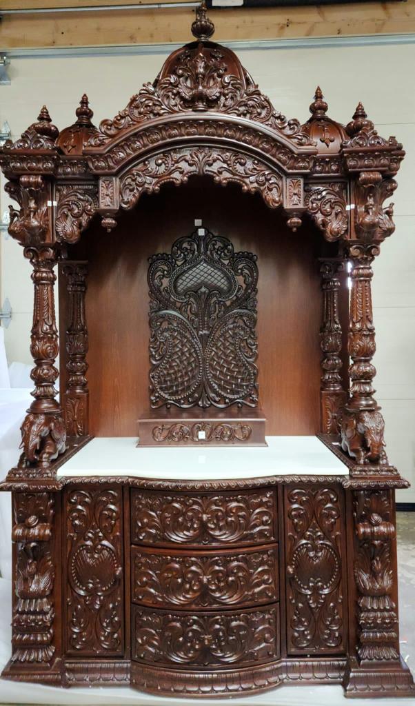 Beautifully Carved Extra Large Wooden Mandir W/ Marble Platform - 48" Wide Beautifully Carved Extra Large Wooden Mandir W/ Marble Platform - 48" Wide